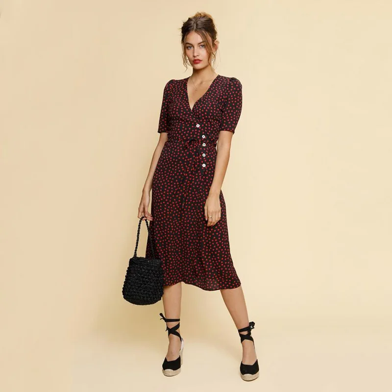 

2019 New Women Red Heart Print Wrap Dress Short Sleeve V Neck Midi Dress Waist Buttons