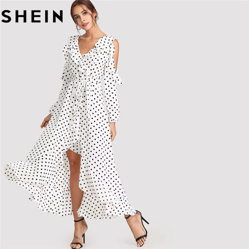 Buy SHEIN Ruffle Long Sleeve V Neck Belted Lady Maxi