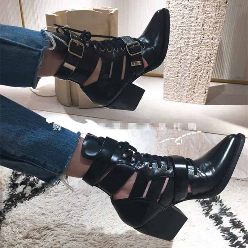 

Black Spring Summer Martin Boot Calfskin Middle Boots Shoes Women Luxury Pointed Toe Square Heel Buckled Combat Booties Shoes