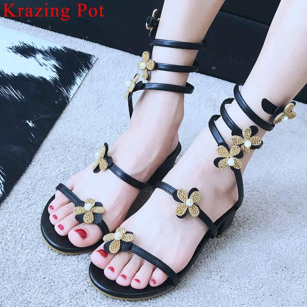 

Krazing Pot fairy style chunky med heels peep toe slip on women sandals flowers pearls decoration peep toe sweet girls shoes L11
