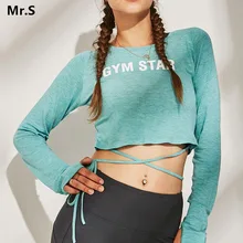 Короткий топ для йоги с длинным рукавом для женщины Спорт Тренажерный зал укороченный топ рубашки для тренировки с отверстиями для большого пальца обёртывать накрест Бег Фитнес рубашка