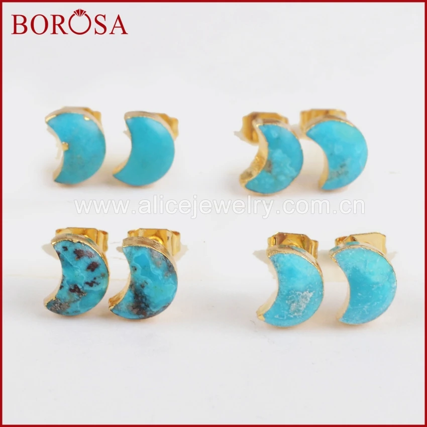 

BOROSA Gold Color 100% Natural Blue Stone Moon Shape Drusy Studs Earrings, Hot Sale Druzy Crescent Stud Earrings Jewelry G1225