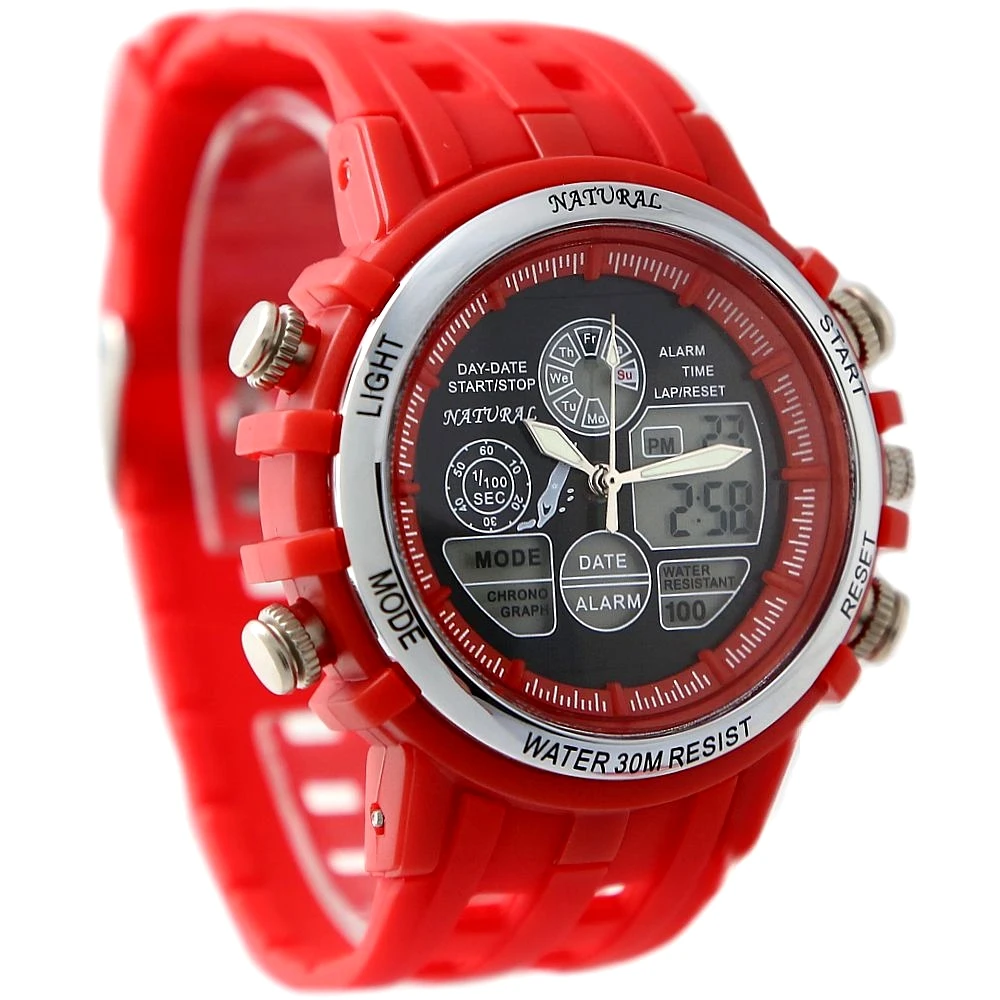 ALEXIS Dual Time Рыбалка плавание Дата подсветка водонепроницаемые Новые аналоговые цифровые часы мужские спортивные красные часы AW355D