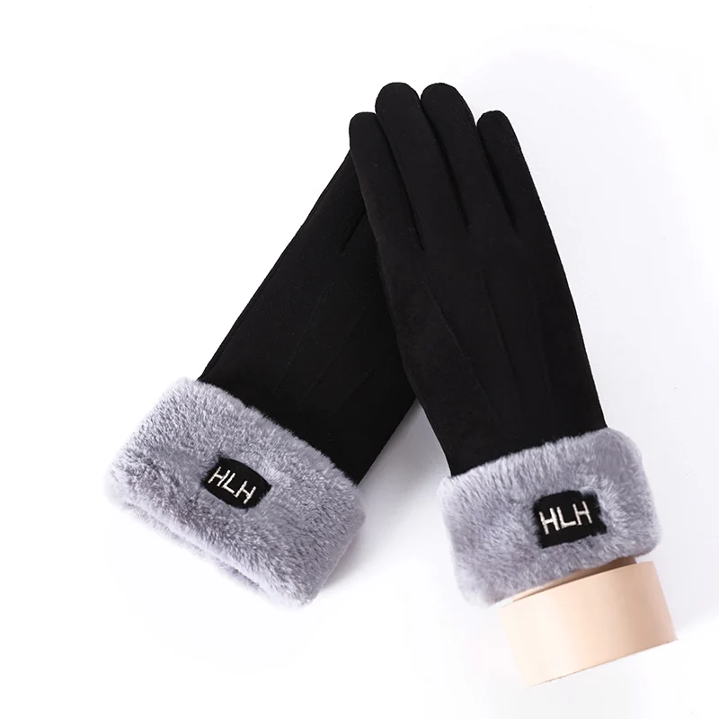 Женские зимние теплые кашемировые рукавицы с тремя ребрами милого медведя, двойные толстые плюшевые наручные замшевые кожаные перчатки для вождения с сенсорным экраном C4 - Цвет: B Black