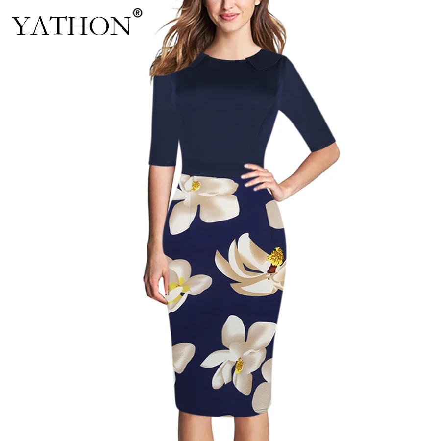 1 YATHON Elegant Floral Print Turn Down Collar Work Dress Womens Vintage Half Sleeve Office Wear Slim Vestidos Casual Party Bodycon Dress