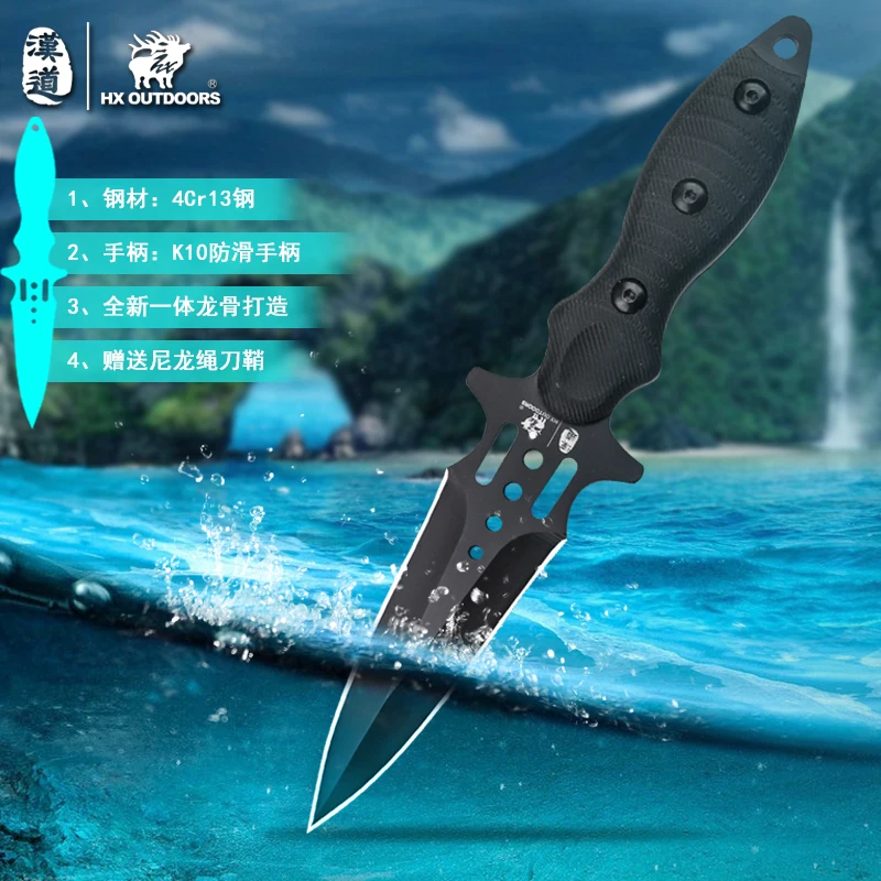 

HX OUTDOORS 440C Double edged Diving knives Camping Rescue Knife Hunting Pocket Straight knives nylon Sheath Dropshipping