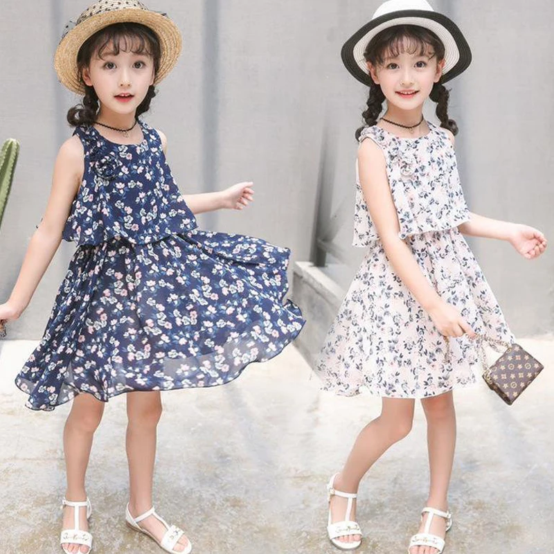 Детские платья, сарафан, летнее платье без рукавов, 2 цвета, шифон, с круглым вырезом, тонкие детские, корейский стиль, повседневные с круглым