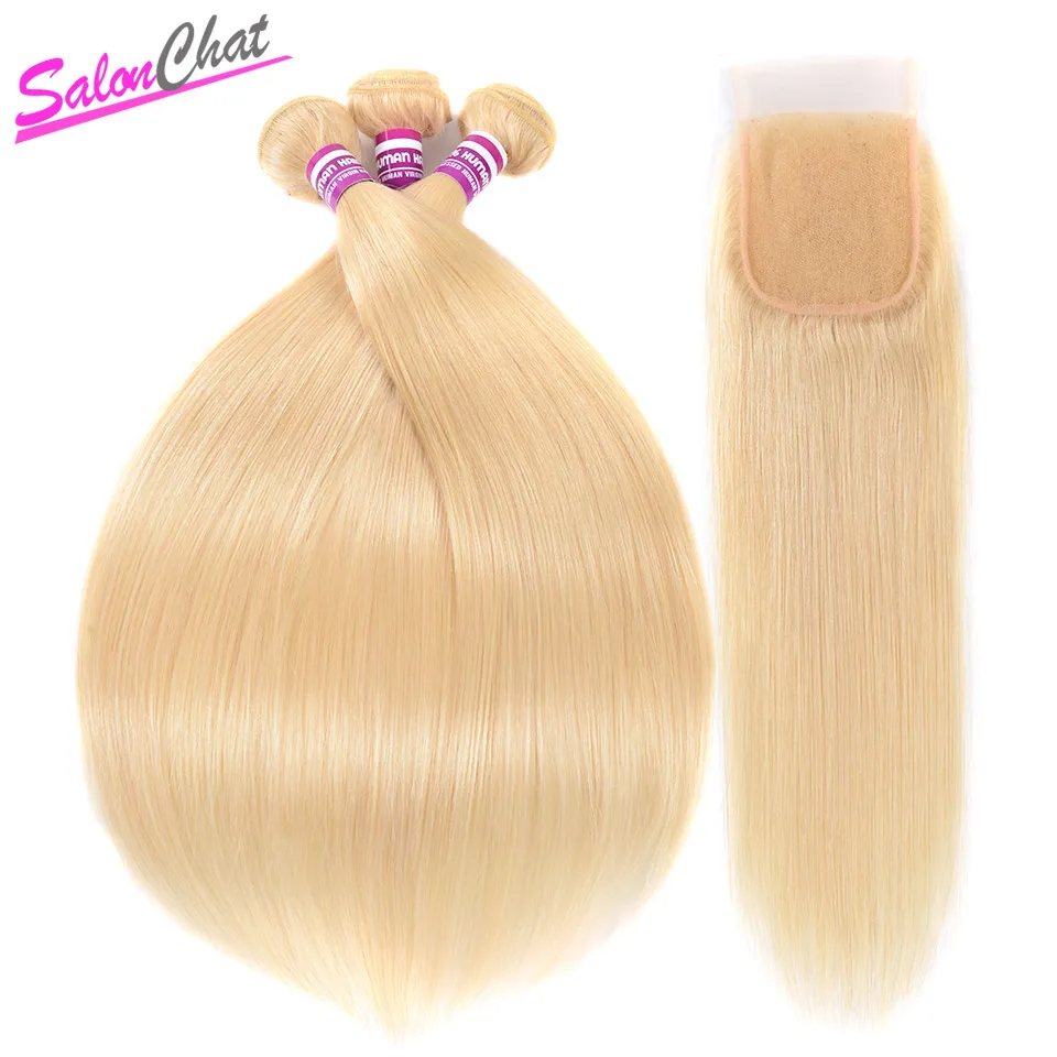 

SalonChat 613 Hair With Lace Closure 3/4 Pc Remy Extension Brazilian Straight Human Hair Weave Honey Blonde Bundles With Closure