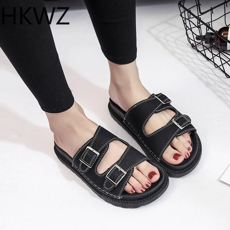 

Women's Slippers 2019 Summer New Joker Fashion Outfit Buckle Flat Sandals Non-slip Thick-soled Muffin Beach Comfortable Sandals