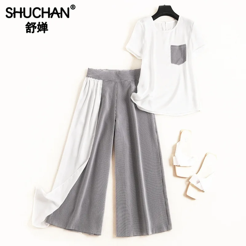 

Shuchan 2019 Designer 2 Pieces Set Office Lady Summer Clothes for Women Top with Short Sleeve+patchwork Pants Fashion 51260