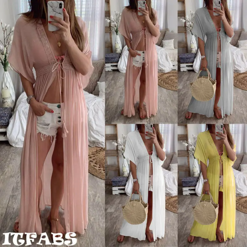 

2019 Women Summer Bathing Suit Chiffon Bikini Cover Up Swimwear Beach Long Dress