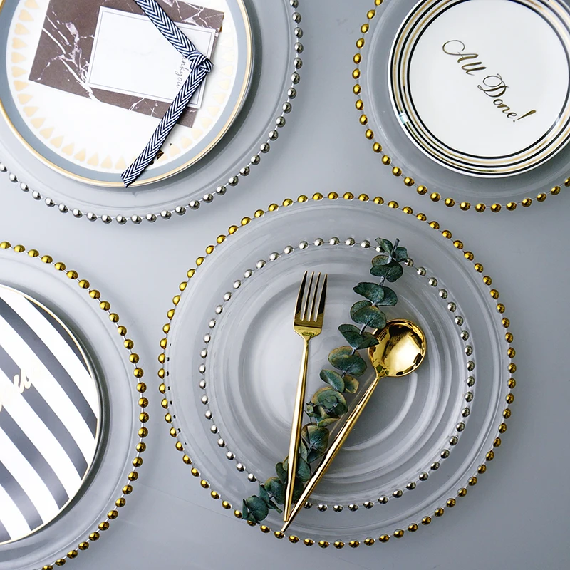 Gold Rim glass pearl tray transparent glass beads plate fruit cake Western dish plate golden edge plate (12)