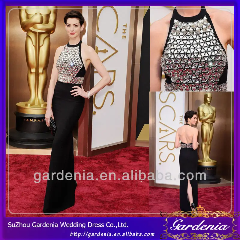 Sheath Halter floor length Open Back Sequined Oscar Anne Hathaway Satin Red carpet imitation celebrity dresses