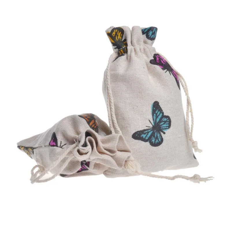 

50pcs 10*14cm White cartoon butterfly Burlap Hessia Gift Candy Bags Wedding Party Favor Candy Gift Pouch Jute Gift Bag