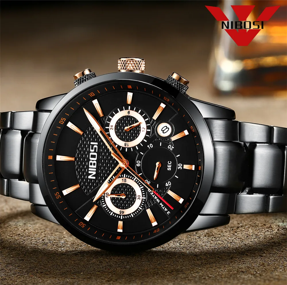 2018 Новый NIBOSI мужские часы лучший бренд класса люкс Хронограф спорт водонепроницаемая кварцевые часы человек моды Бизнес Черный Часы relogio