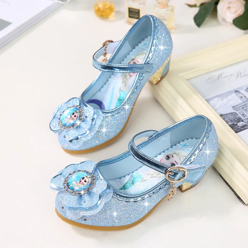 Girls Suede Glitter Slip On Shoes Casual Slipper High Heel Flower Ballerina