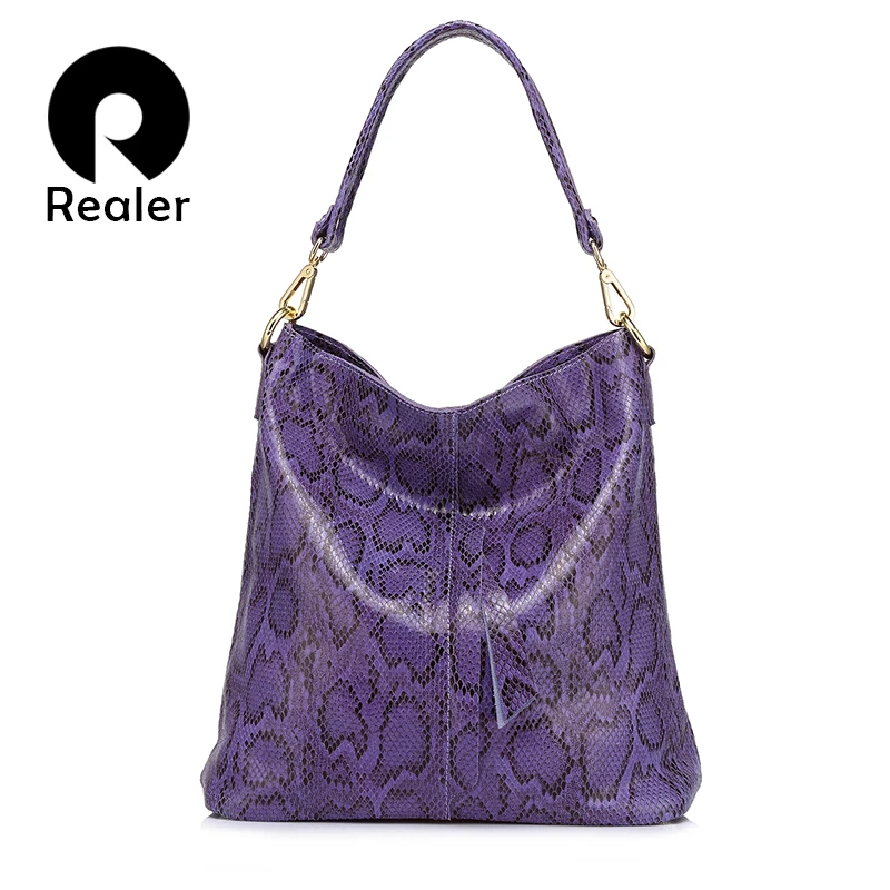 

REALER brand large shoulder bag female serpentine pattern genuine leather handbag luxury designer women casual tote bags