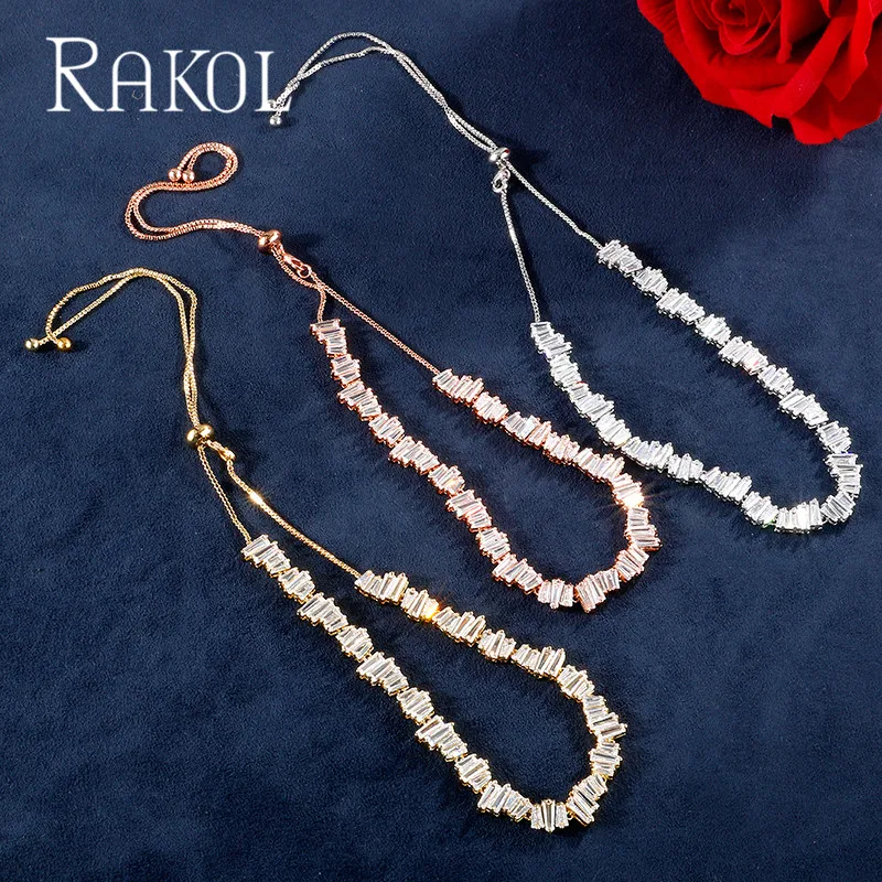 RAKOL العلامة التجارية المجوهرات الفاخرة تشيكوسلوفاكيا الزركون غير المتماثلة العمود روز الذهب اللون أنيقة تنس المختنق قلادة للنساء فستان سهر...