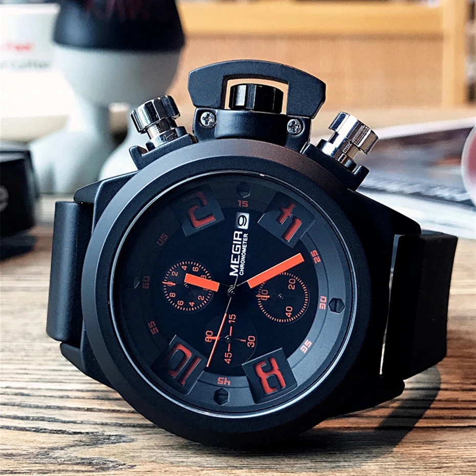  MEGIR Men's Casual Quartz Watch 3D Engraved Dial Black Silicone watches men Waterproof Military Spo