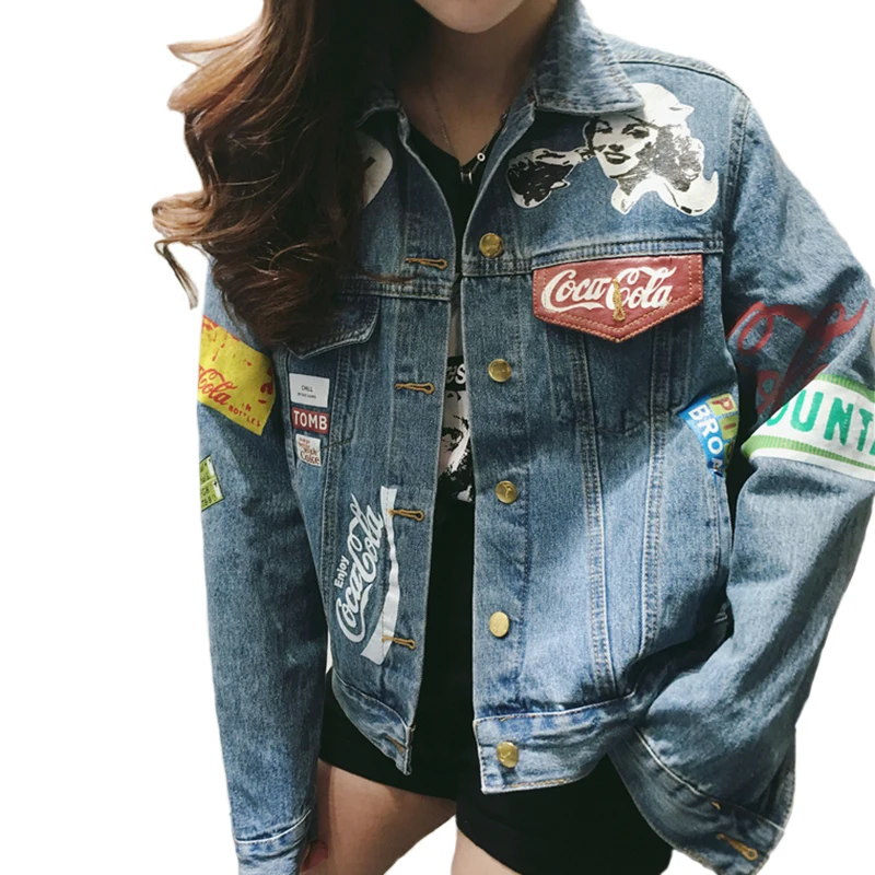 

2019 Spring Graffiti Denim Jacket Women Streetwear Loose Vintage Coat Single Breasted Casacos Feminino Jean Jacket Outerwear