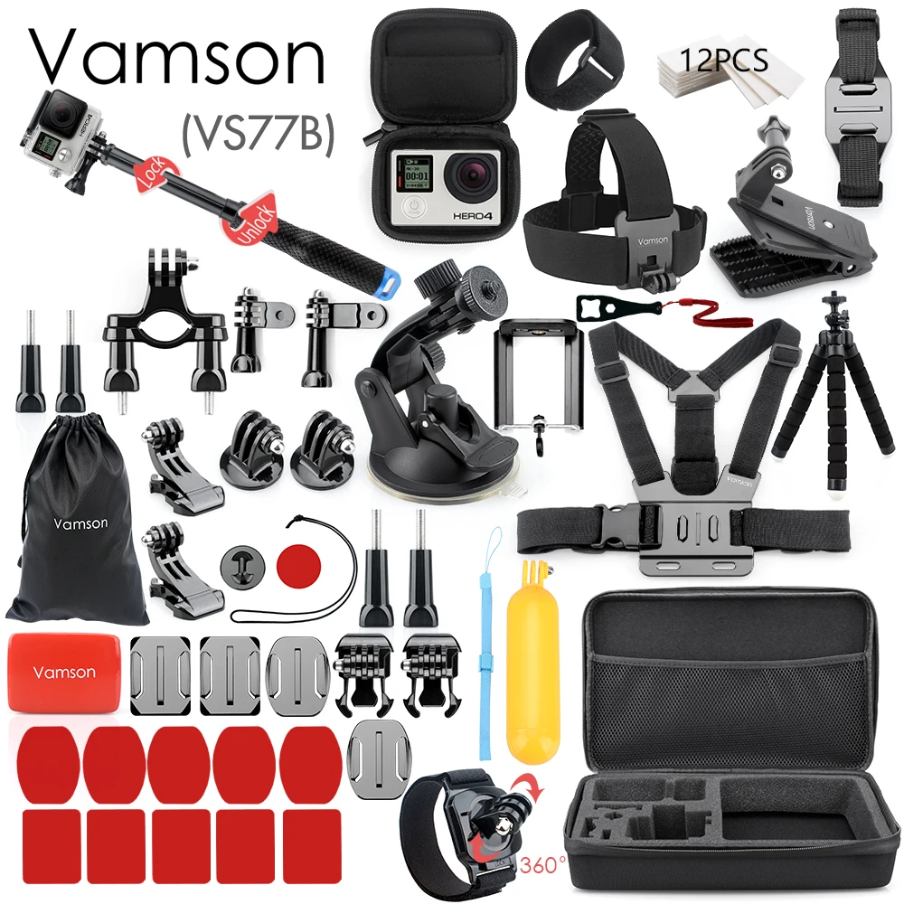 Juego de accesorios Vamson para Gopro para go pro hero 8 7 6 5 4 kit 3 vías selfie stick para Eken h8r/xiaomi para yi caso de EVA VS77