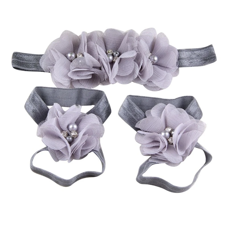 

Baby Girl Chiffon Rhinestone Foot Flower Barefoot Sandals Headband Set hair accessories clothes Toddlers Gift Hairband Hair