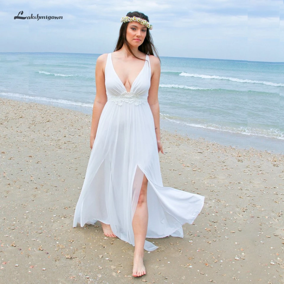 

Lakshmigown White Plus Size Wedding Dress Beach 2019 Pregnant Women Tulle Mariage Boho Bridal Dresses Empire Lace Waist Split