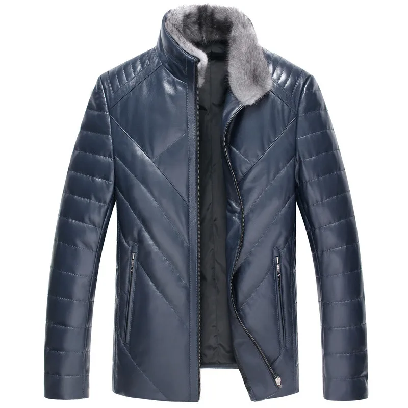 AYUNSUE Новая роскошная зимняя мужская кожаная куртка, толстый теплый пуховик, норковый меховой воротник, верхняя одежда, пальто из овчины LWL1072 - Цвет: blue