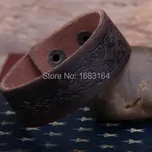 G89 темно-коричневый Винтаж Цветочные тиснением кожаный браслет Широкий манжеты мужские