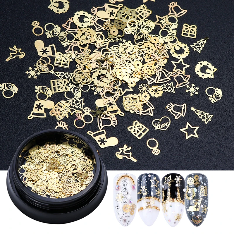 

1 Bottle 3D Gold Metal Slices Nail Art Decoration Christmas Snowflake Star Mixed Design Hollow Tiny Slice Nail Accessories TR708