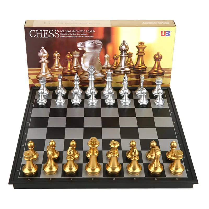 

Super Big Home International Chess Set Magnetic Foldable Board With Golden Silver 32 Chess Pieces 36x36x2/32x32x2cm