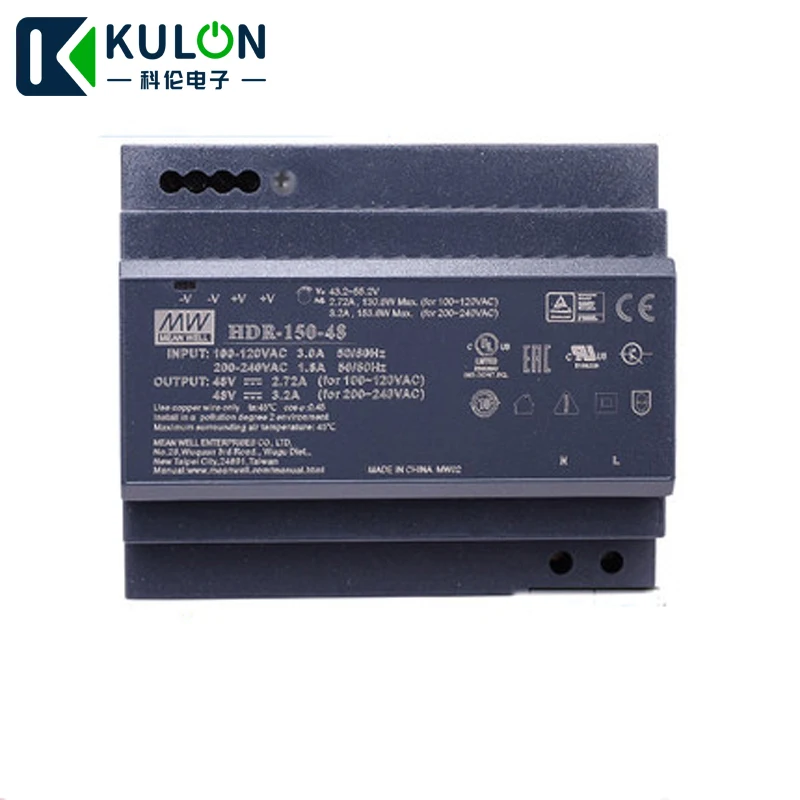 

Meanwell HDR-150-48 48V 2.72A 130.6W 3.2A 153.6W slim step shape 85-264VAC 120-370VAC to DC Single output DIN Rail Power Supply