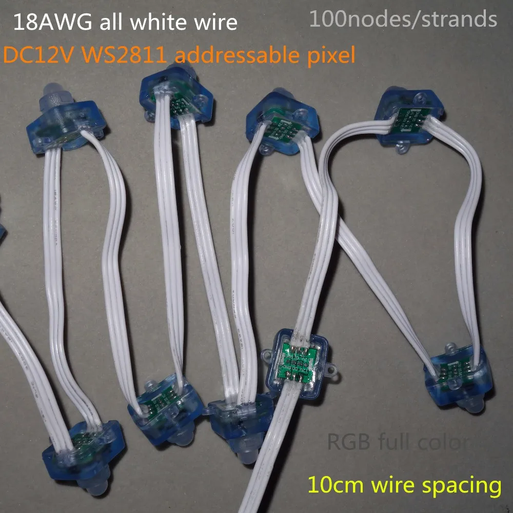 18AWG провода 100 шт./строка DC12V квадратного типа WS2811 доступный rgb-светодиод Smart Pixel узел, со всеми белый провод, IP68 Номинальное