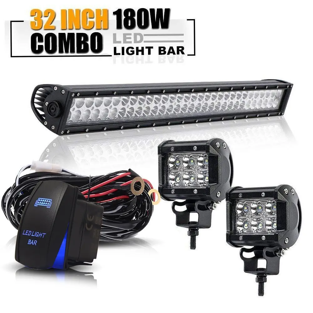 

28inch 180W LED WORK LIGHT BAR Combo Lamp FLOOD SPOT+2* 4inch Pods+Wiring Kits For Off-Road SUV UTE Truck Car Cube