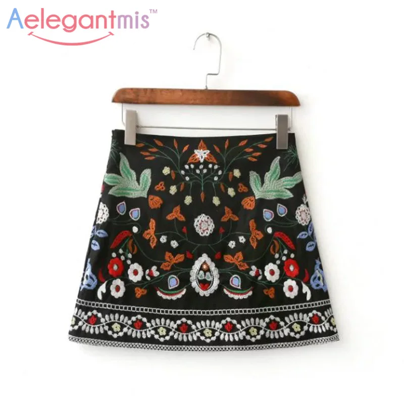 Spring 2017 A Line Mini Ethnic Women Skirts Short Black Embroidered