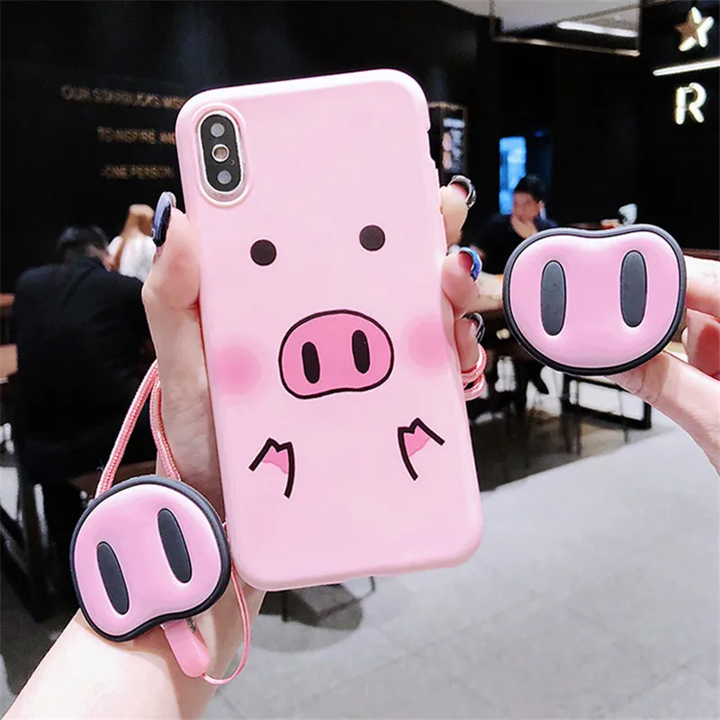 

For Samsung Galaxy S8 S9 Plus S10 Note 8 9 A30 A40 A50 A60 A70 M20 M30 A7 2018 A9 J7 J5 2017 Pig Nose Soft Phone Strap Rope Case