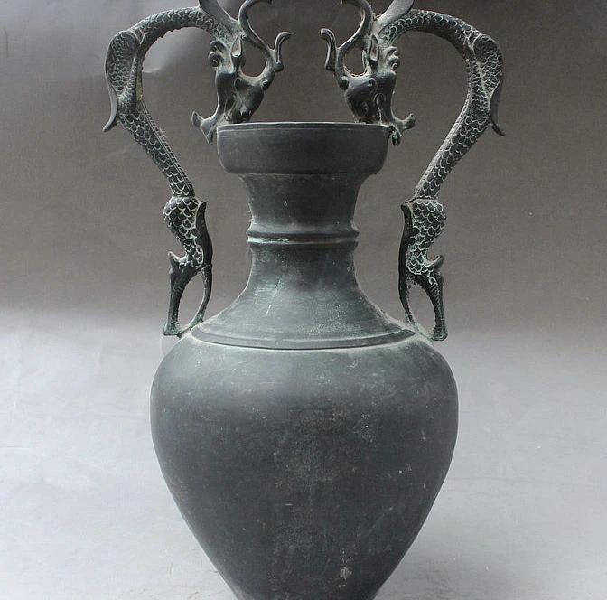

12" Ancient China Dynasty Palace Bronze Auspicious Wealth 2 Dragon Bottle Vase