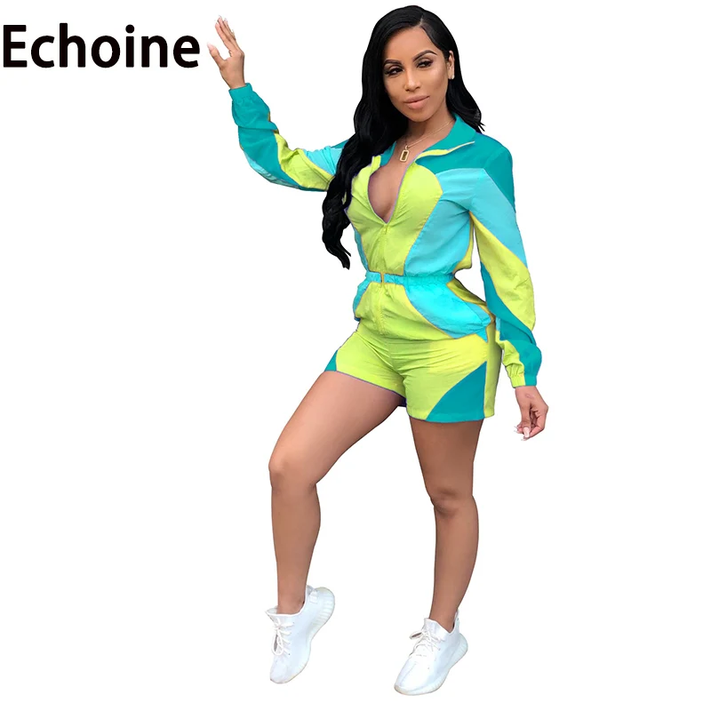 

Echoine Color Block Patchwork Women Playsuit Long Sleeve Casual Zipper Fitness Sportwear Short Ladies Summer Romper Outfits