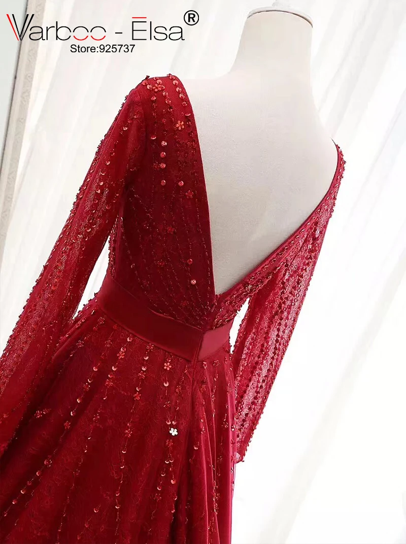 VARBOO_ELSA двойной V образным вырезом сексуальное платье для Бала с длинным рукавом красного цвета с тюлевой юбкой полу-Длина вечернее платье отделка из бус, расшитые блестками, Свадебная вечеринка, платье