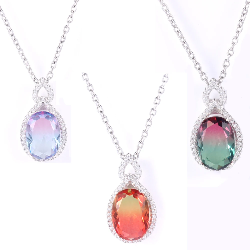 

TKJ Real 925 Silver Tourmaline Gemstone CZ Zircoia Pendant Necklace Jewelry Set For Women Party Wedding Necklace Jewelry set