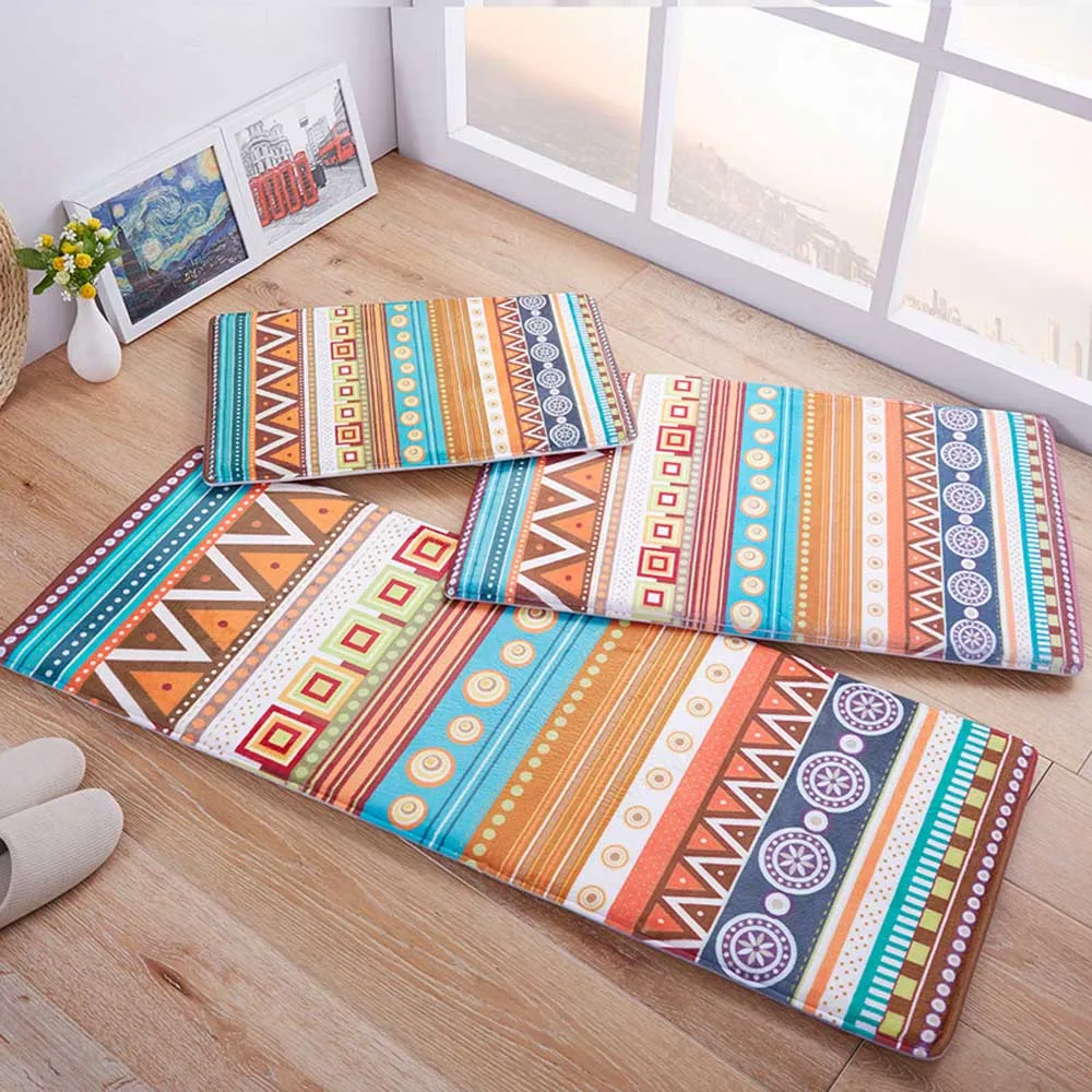 

Bohemian Ethnic Geometry Stripes Rug Soft Coral Fleece Memory Foam Thicken Kitchen Area Rugs Strong Absorbent Bath Mat Carpet