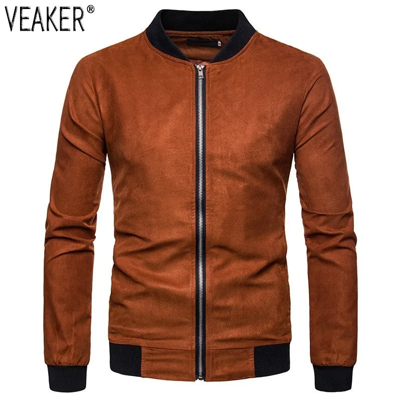 

2018 New Men's Slim Fit Bomber Jackets Suede Jacket Coat Male Autumn O-Neck Zipper Coat Solid Color Slim Fit Outerwear S-2XL