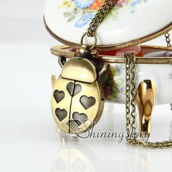 

Brass bronze copper antique style ladybug heart pocket watch pendant long chain necklaces for men and women unisex cheap fashion