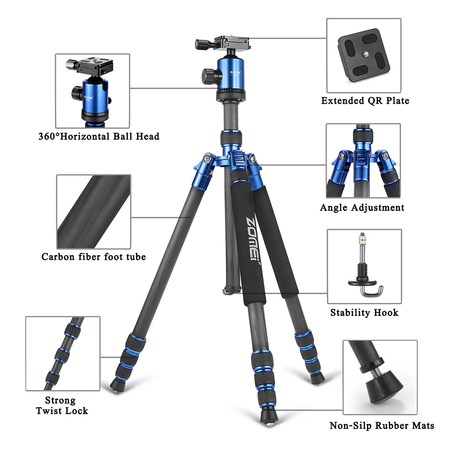 Штатив ZOMEI Z818C для камеры, монопод из углеродного волокна, дорожный штатив с шаровой головкой 360 градусов и сумкой-подставкой для SLR DSLR цифровой камеры