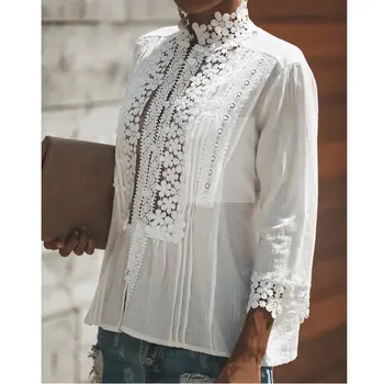 

Women's Fashion Lace Hollow Slim Blouses Long Sleeve White Shirt Tops