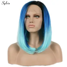 Sylvia высокая температура волос Омбре синий парик натуральный причёска Боб с прямыми волосами парики синтетические кружева спереди женский парик боковая часть летние волосы