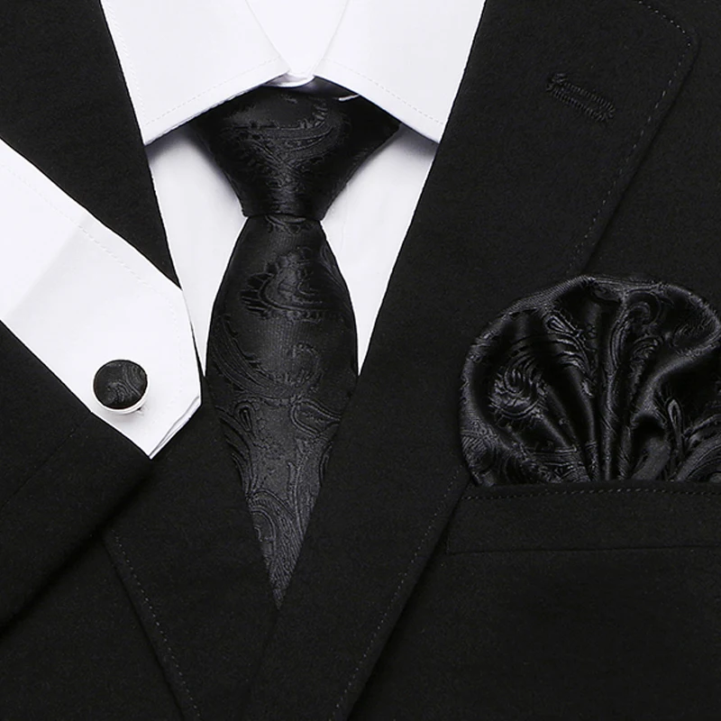 Для мужчин галстук 100% шелк Черный Новинка жаккард с геометрическим узором тканевый галстук + платок + набор запонок для официальных
