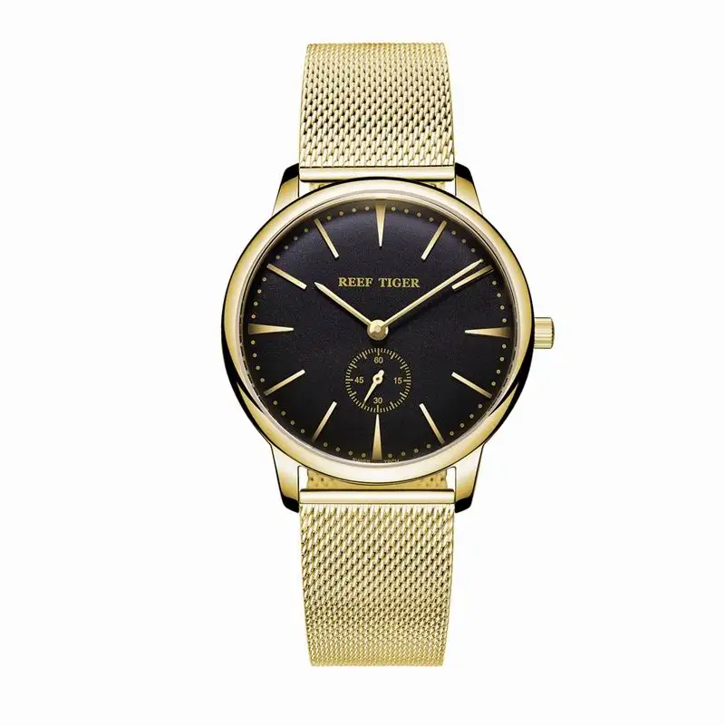 Риф Тигр/RT Роскошные винтажные часы для пары желтое золото ультра тонкие часы для мужчин и женщин кварцевые часы RGA820 - Цвет: RGA820MGBG