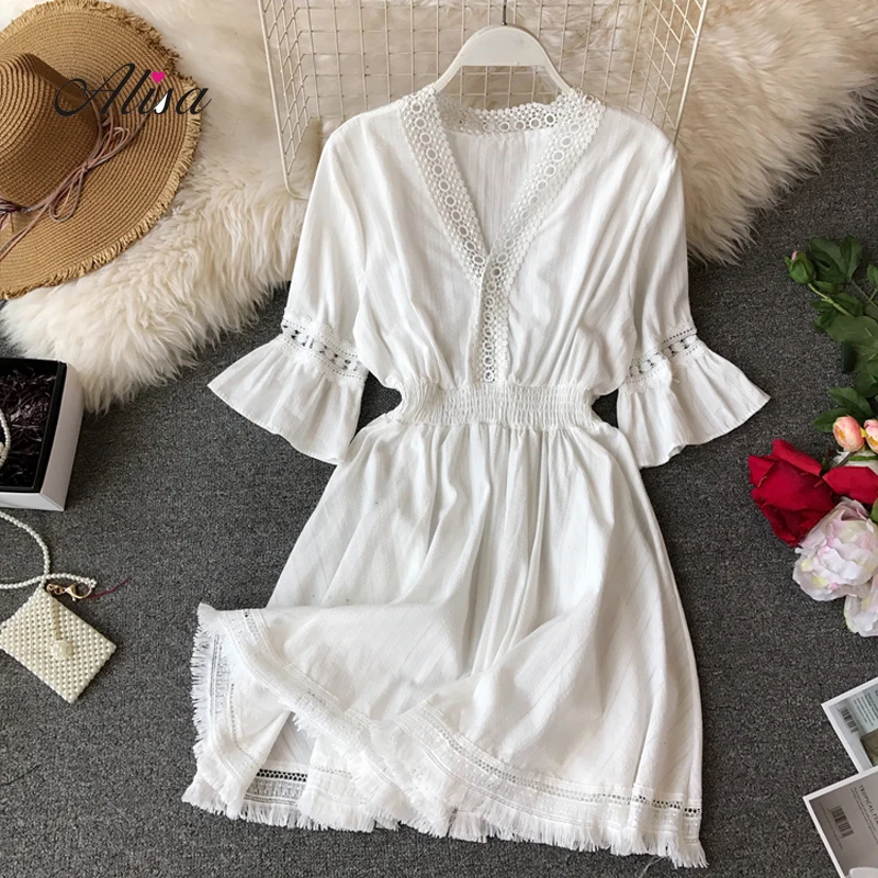 

Fashion Tassel Patchwork Mini Dress 2019 New Women Summer Short Sleeve Slim A-line Party Dress Vestido Ladies Solid Short Robe