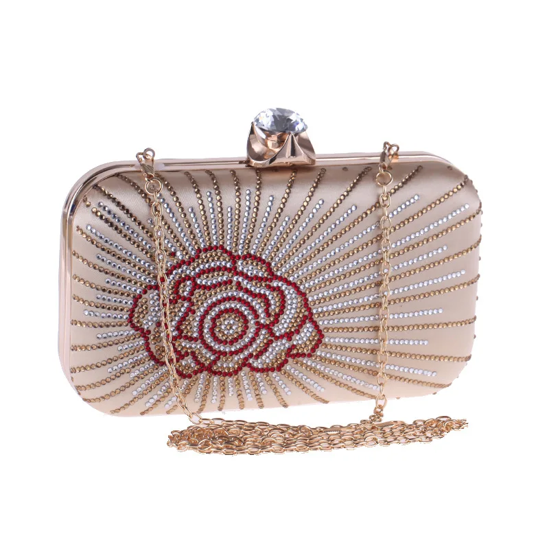 

2018 Fashion Female Party Clutch Wedding Evening Flap Bag Crystal Rose Flower Handbag Fit Dress Women's Metal Chain Shoulder Bag